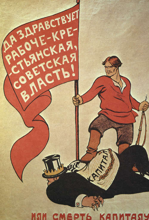 Bilden visar en propagandabild från Sovjetunionen med bildtext: "Död åt kapitalet - eller död under kapitalet".