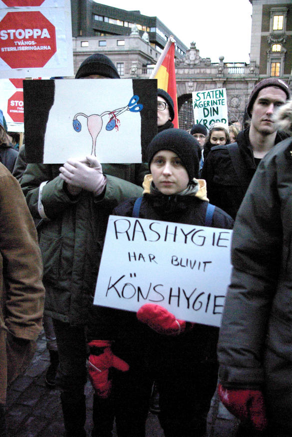 Bilden föreställer personer vid en manifestation mot tvångssteriliseringar utanför riksdagen i Stockholm