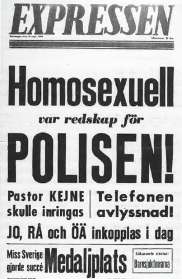 Bilden visar en löpsedel från Expressen, med texten Homosexuell var redskap för polisen.