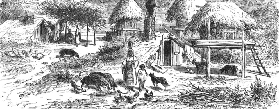 Teckning som visar en romsk by i Rumänien 1860