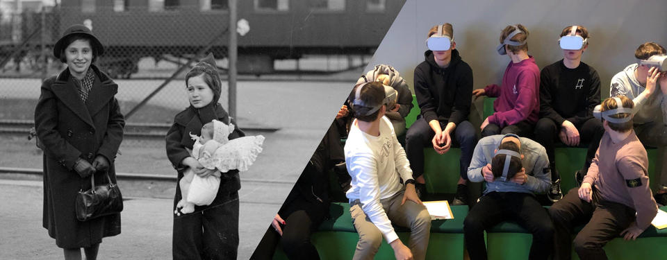 Bilden visar en svartvit bild med två flickor på en tågstation och en bild på elever med VR-glasögon på sig.