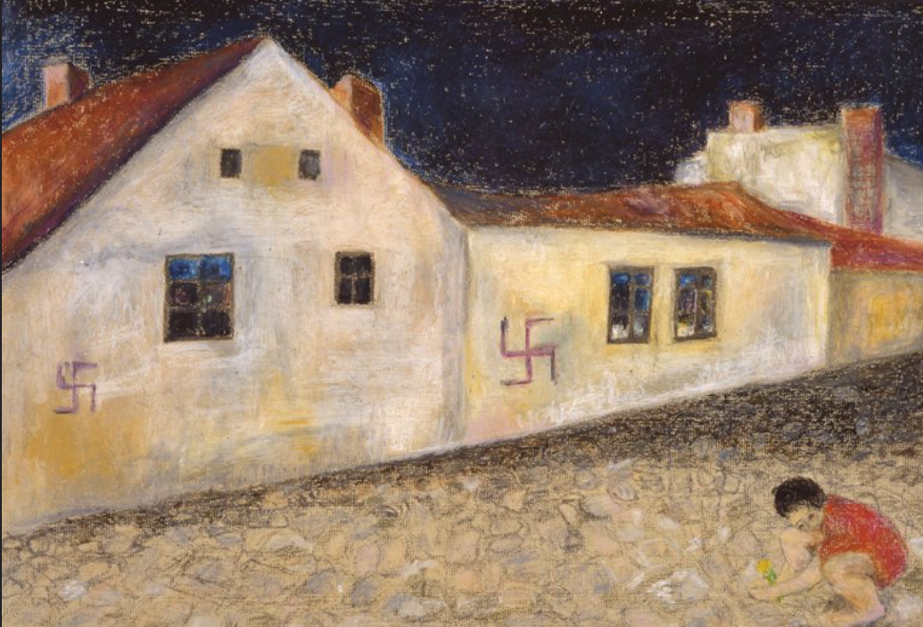 Målning av en flicka som hukar på en gata. Gatan kantas av hus med hakkors klottrade på fasaderna. Uttrycket i bilden är spöklikt.