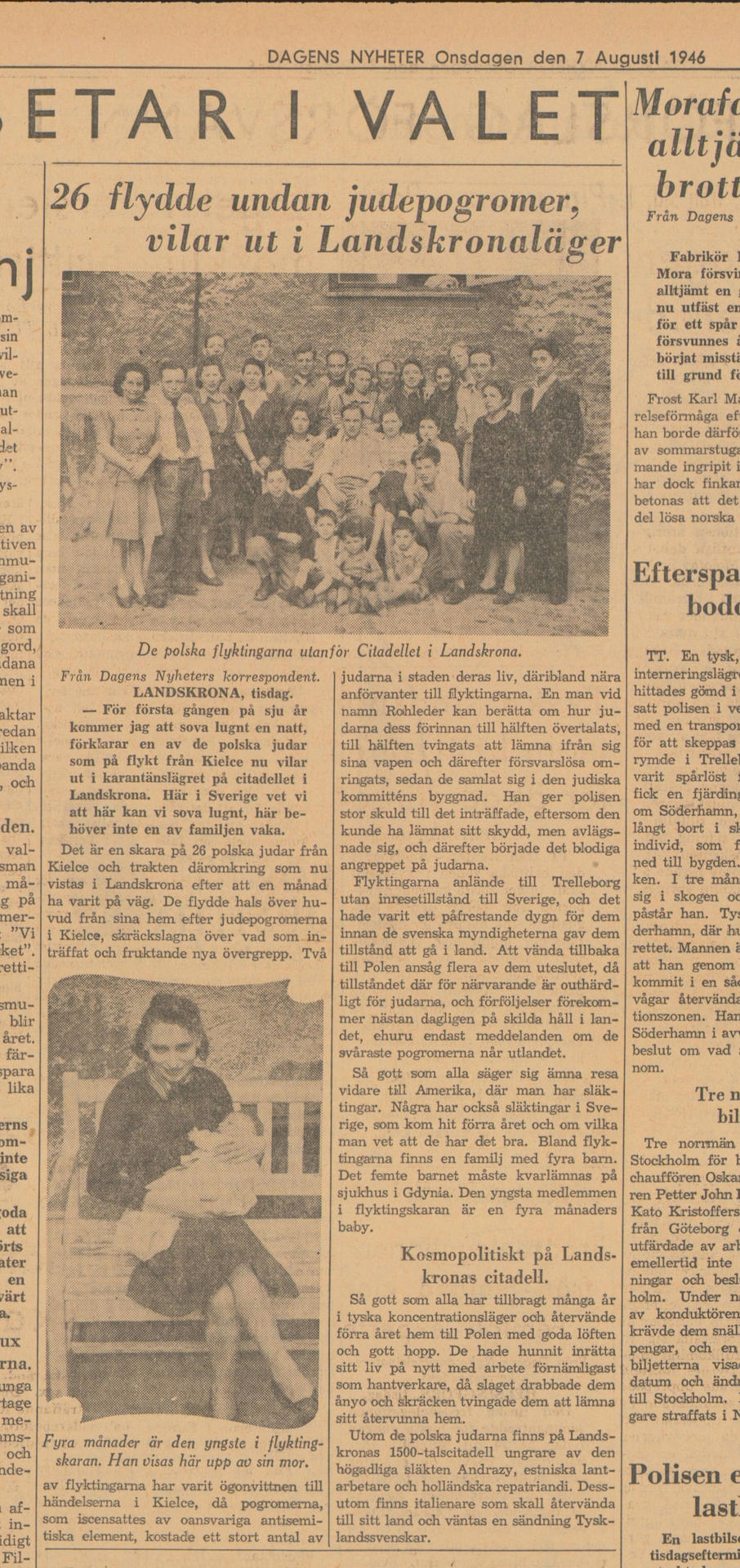 Bilden visar ett tidningsurklipp med en kort artikel med rubriken \"26 flydde undan judeprogromer, vilar ut i Landskronaläger\" och en bild på 26 uppradade personer framför ett hus.