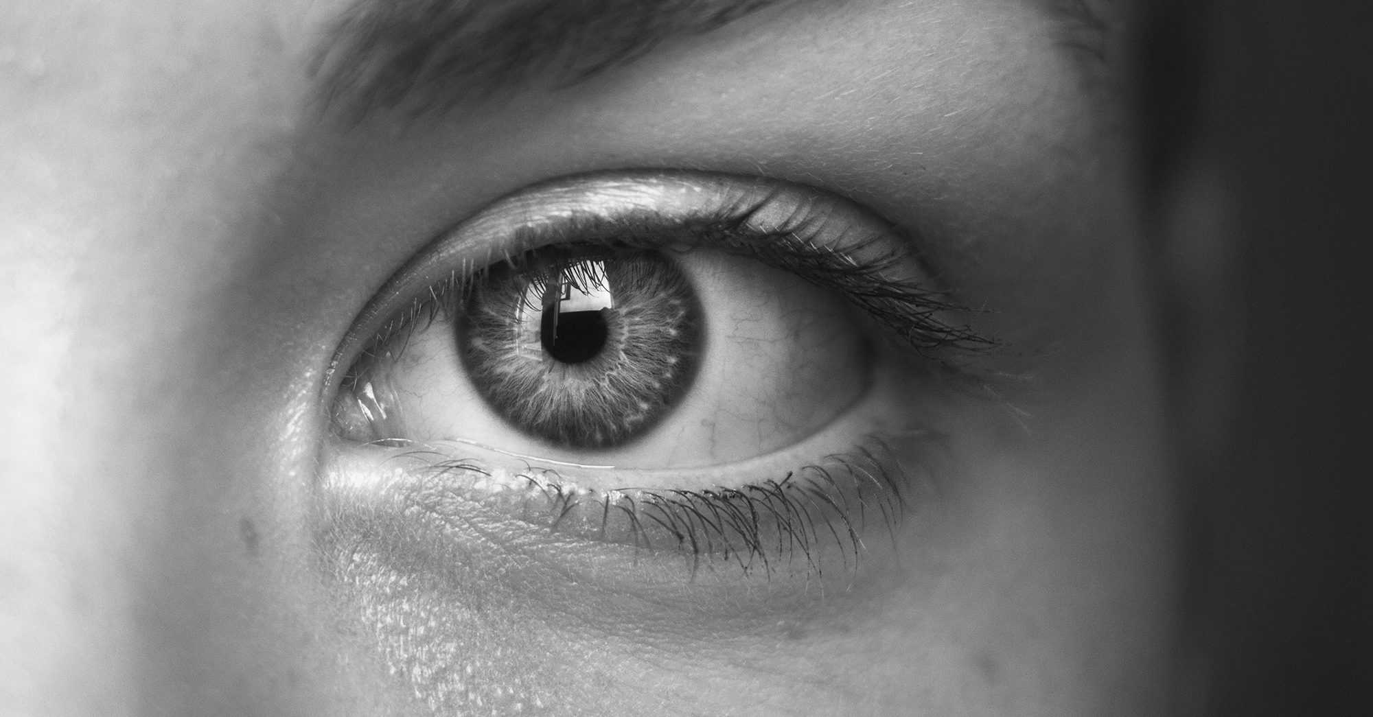 Närbild av ett öga i ett svart-vitt foto