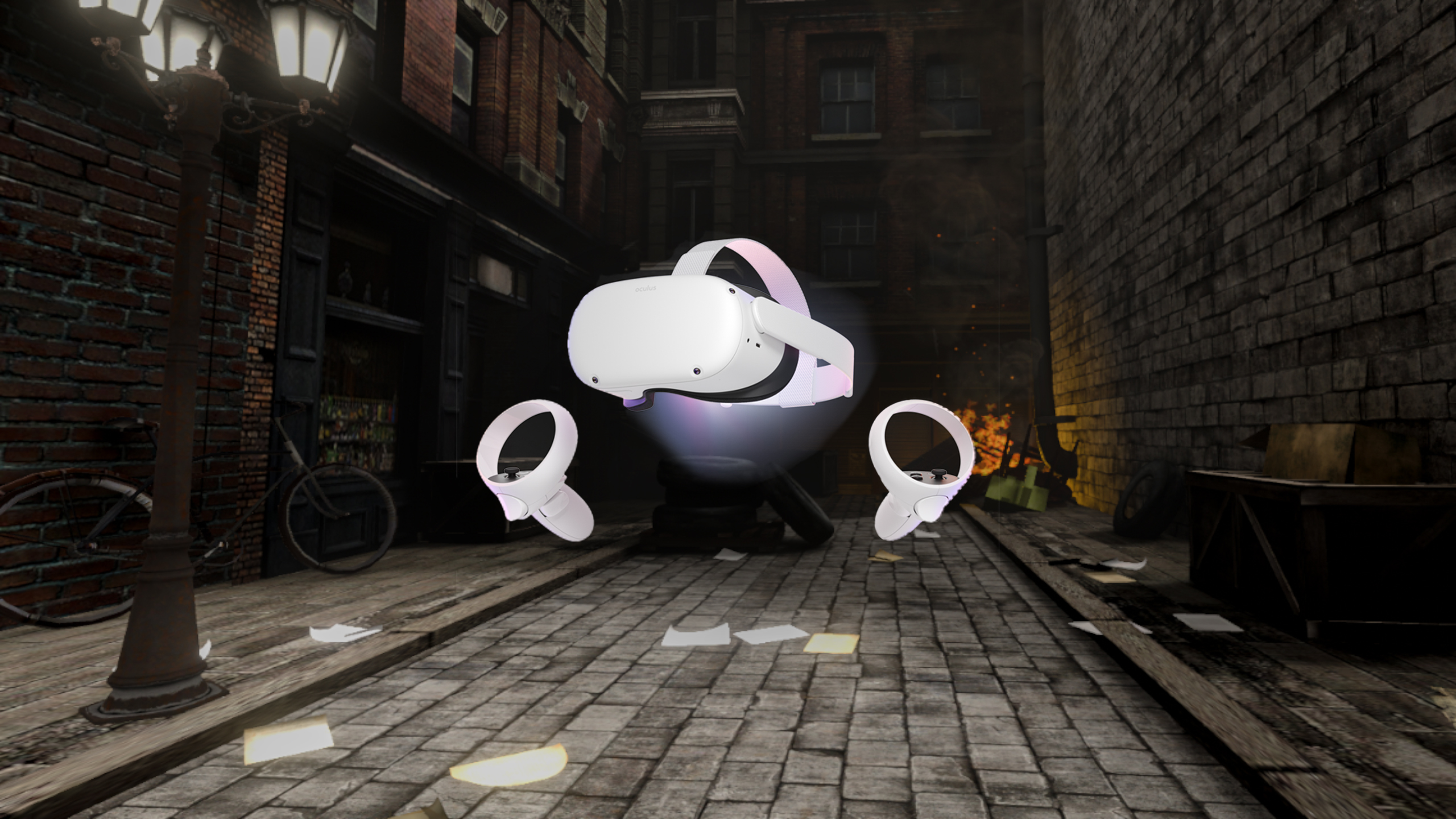 En animerad bild av en mörk gata. Ovanför svävar ett VR-headset.