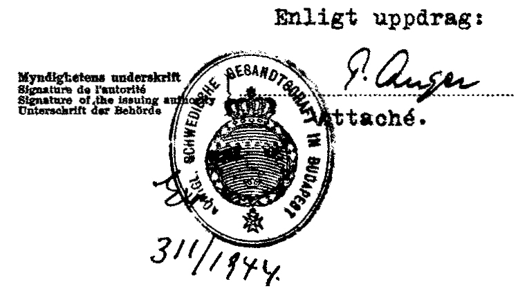 En svårtolkad maskinskriven trycksak med en symbol som ser officiell ut innehållande en kungakrona. Trycksaken har även en handskriven signatur.
