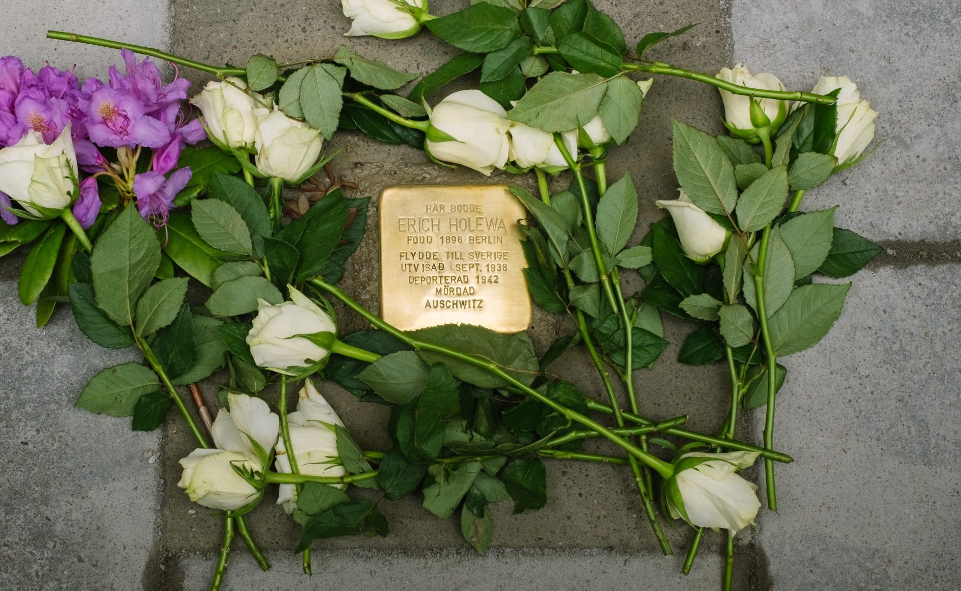 En mässingsfärgad metallplatta är nedsänkt mellan stenplattor på marken. På plattan står "Här bodde Erich Holewa, född 1896 Berlin. Flydde till Sverige. Utvisad sept. 1938. Deporterad 1942. Mördad Auschwitz". Runt plattan ligger blommor.