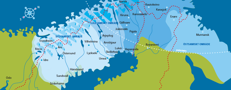 Kartan visar en karta över Sapmi som sträcker sig över norra Norge, Sverige, Finland och Ryssland