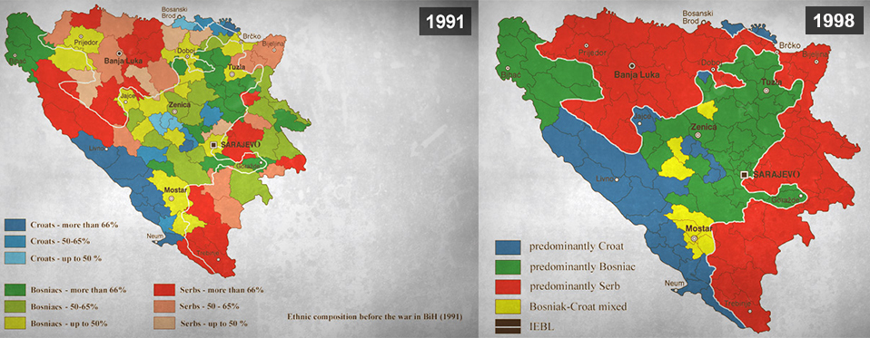 En karta visar hur gränserna flyttats mellan åren 1991 och 1998.