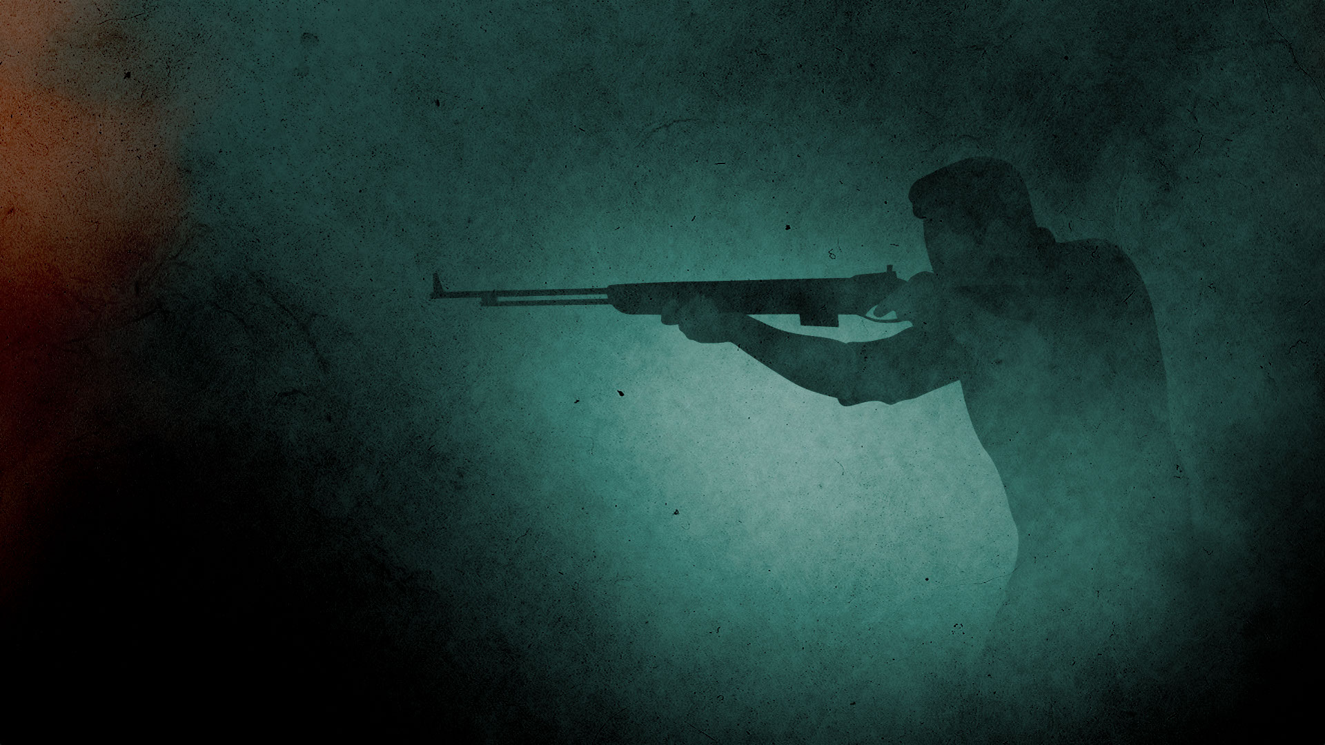 Illustration på en skugga med en man som siktar med ett gevär. Bilden är grön, vit och svart i olika nyanser.
