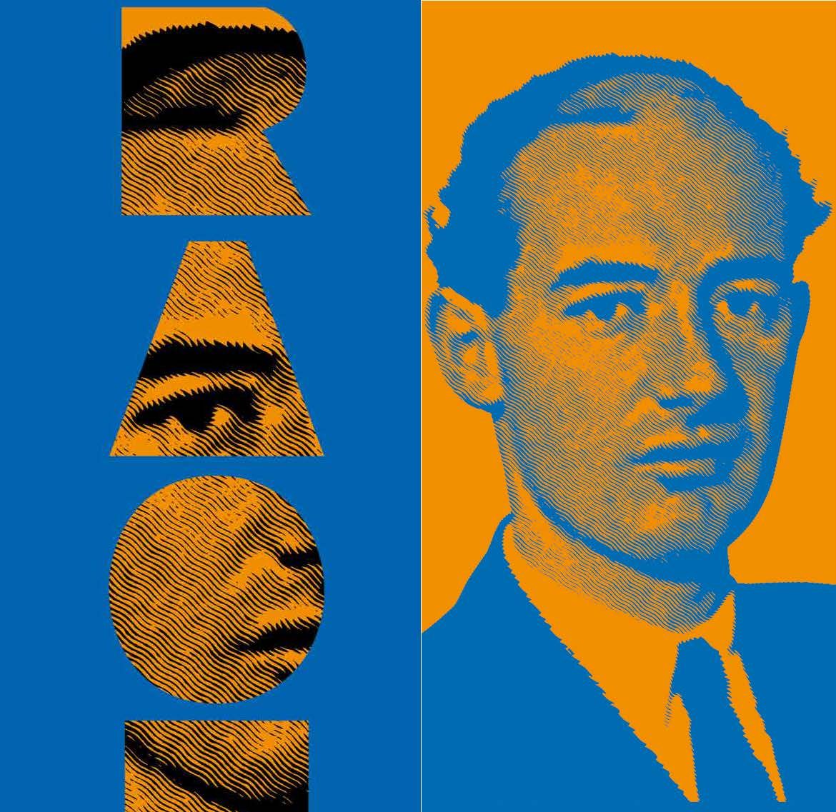 Ett kollage där en medelålders Raoul Wallenberg framträder kolorerat i orange och blått.