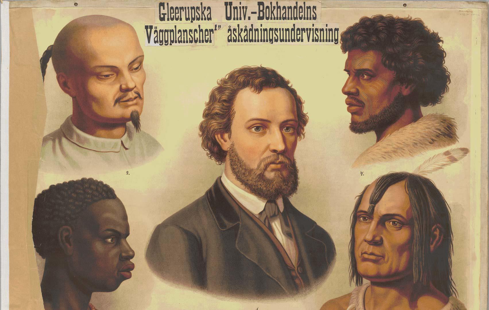 Skolplansch från omkring 1930. På planschen finns fem ansikten som ska illustrerar ”de fem olika människoraserna”.