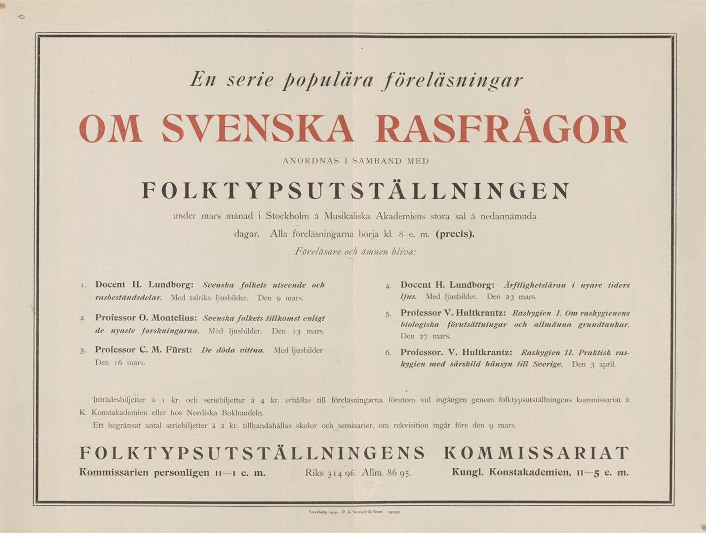 Affisch för föreläsningsserie om rasbiologi i samband med folktypsutställningen i Stockholm 1919.