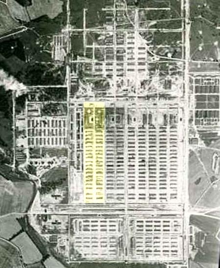 Flygfoto över den romska avdelningen i Auschwitz - Birkenau.