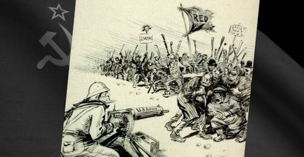 En illustration med en soldat som siktar på en folksamling.