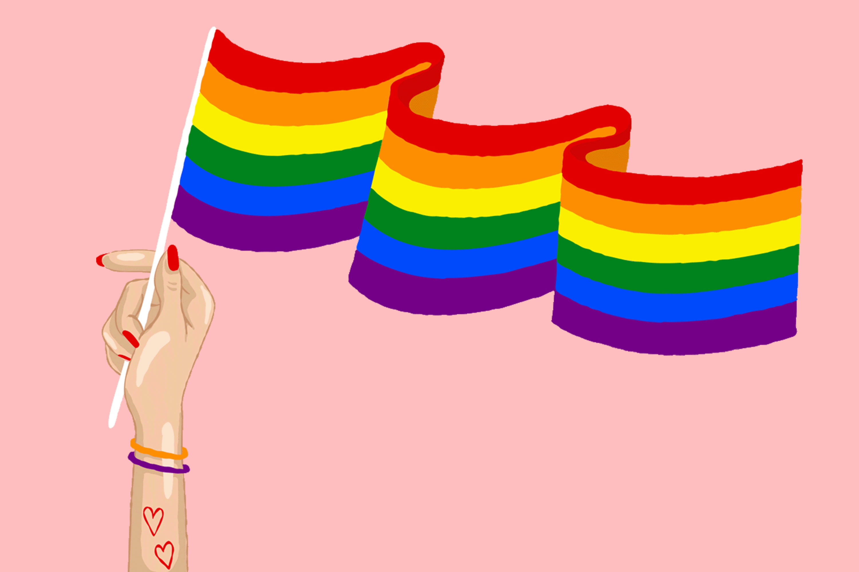 En illustration med en prideflagga och händer.