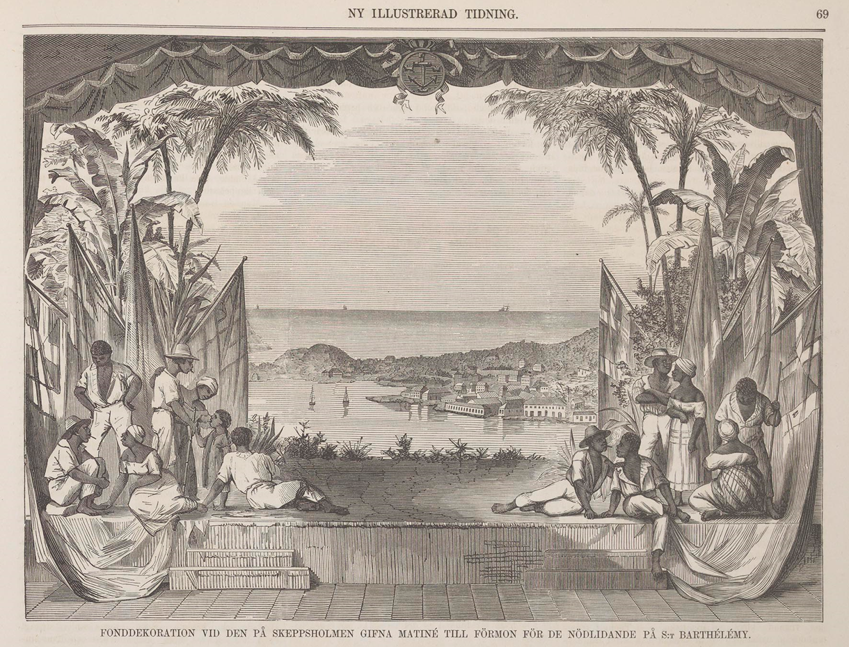 Tidningstryck som visar en dekorbild men m'änniskor, palmer, vatten och bergen på ön S:t Barthélemy.