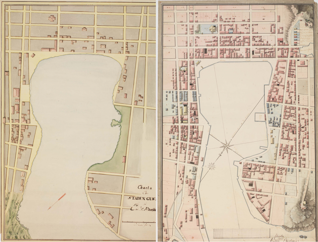 Två gamla kartor över Gustavia. De visar bebyggelse och hamnen.