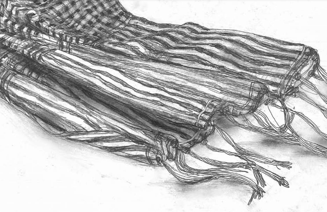 En svartvit illustration av ett stycke tyg med fransar.