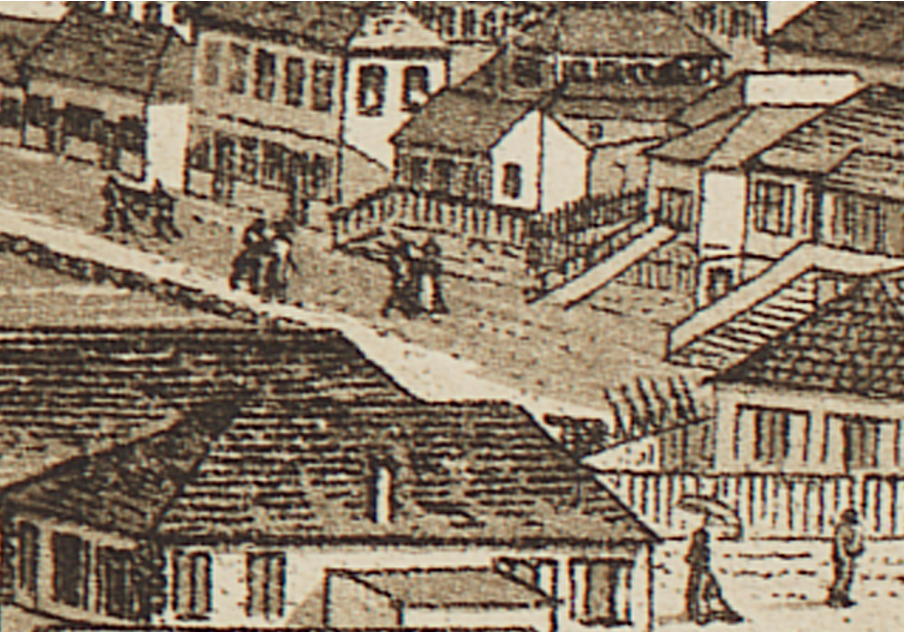 Teckning med skissade byggnader, ett fåtal människor som går på en gata.