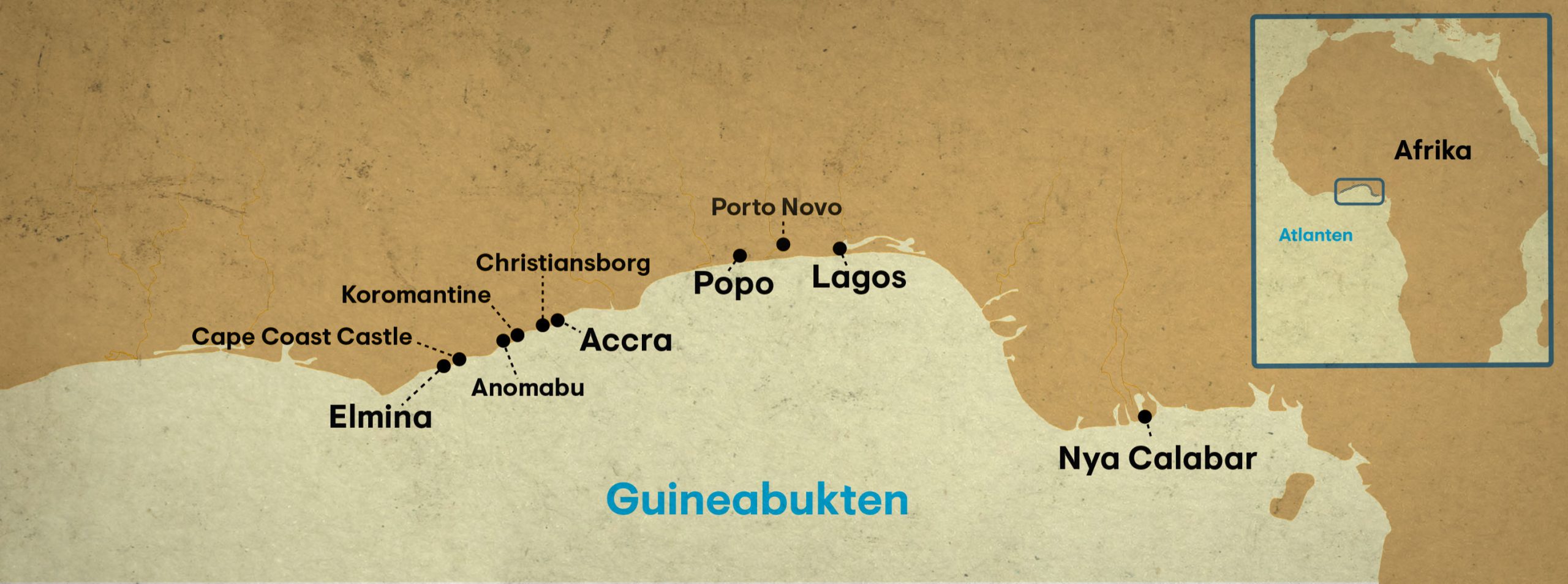 En karta över Guineabukten som visar olika västafrikanska kustorter.