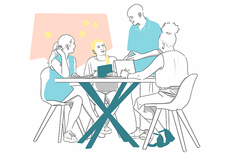 En grupp vuxna samarbetar tillsammans vid ett bord.