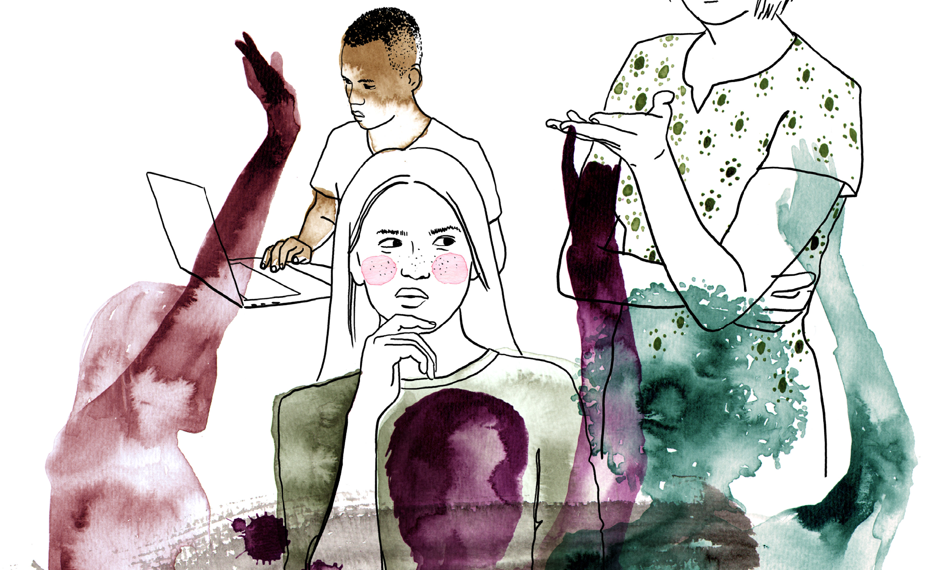 En illustration med elever och en lärare i ett klassrum.