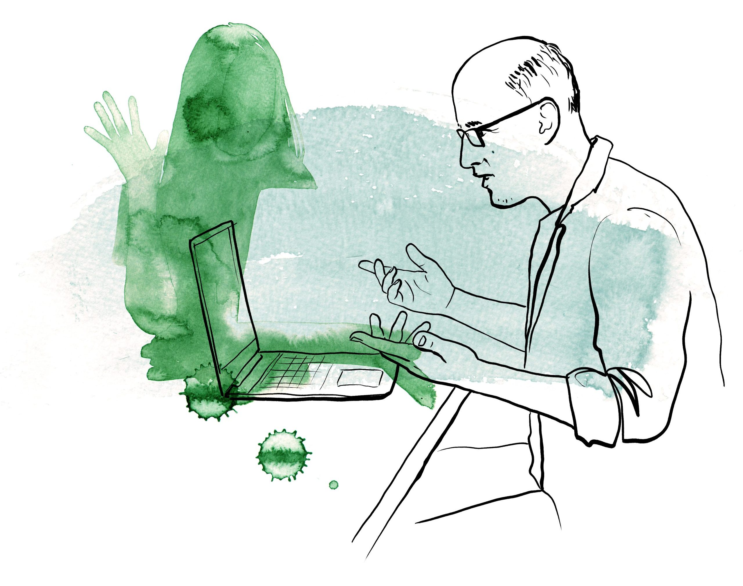 Illustration av en äldre man som sitter framför en laptop. Han gestikulerar. Kanske sitter pratar han med någon i ett videomöte.
