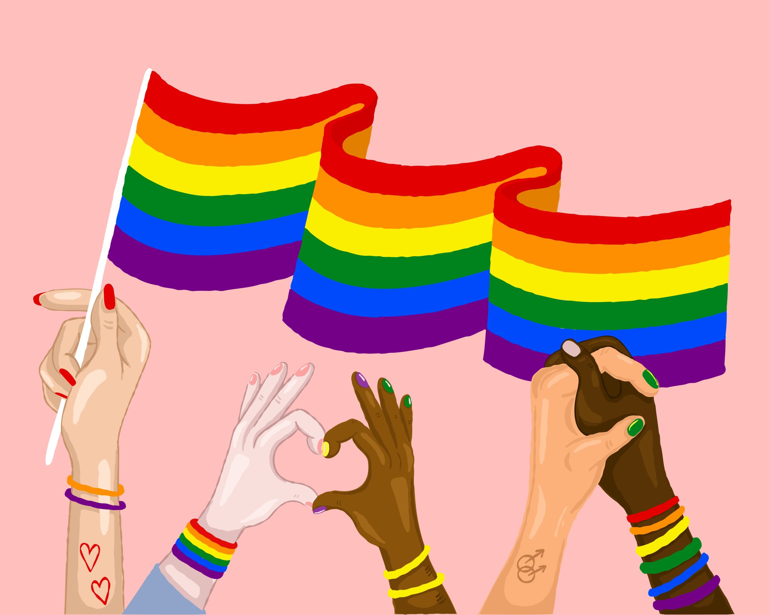 En illustration med en prideflagga och händer.