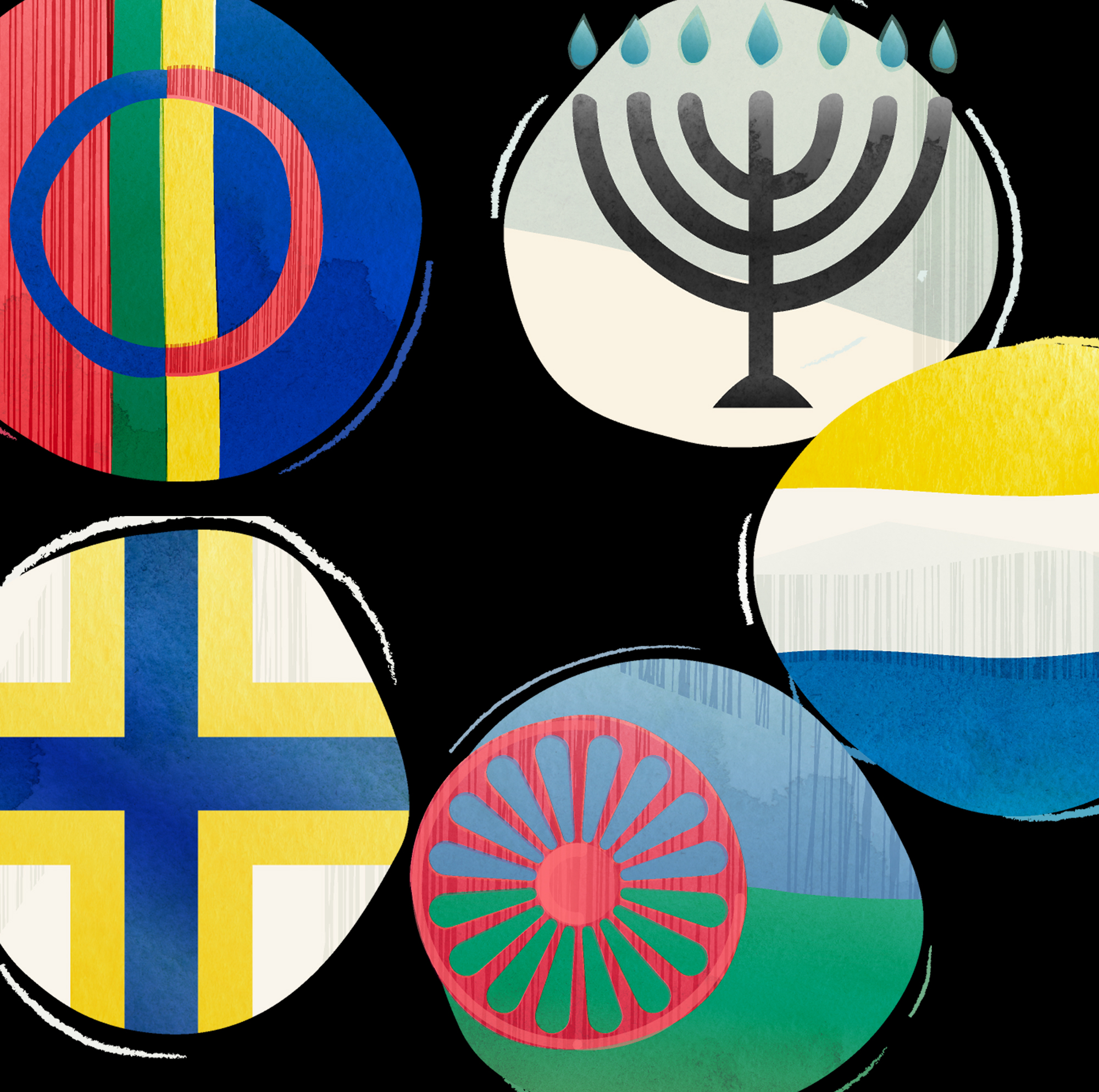 Illustration föreställande de fem nationella minoriteternas olika symboler.