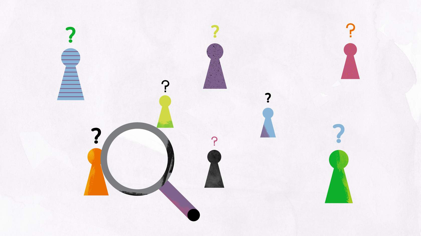 Grafisk illustration föreställande spelpjäser och ett förstoringsglas som granskar en av pjäserna.