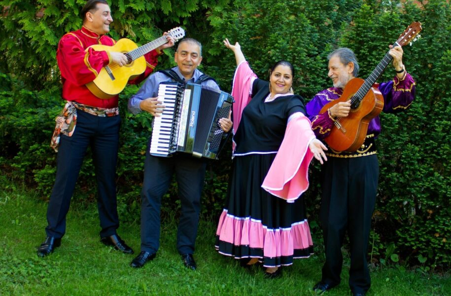 Ett band bestående av fyra personer i färsprakande kläder. Två personer spelar gitarr, en dragspel och en sångerska gör en dansant pose.