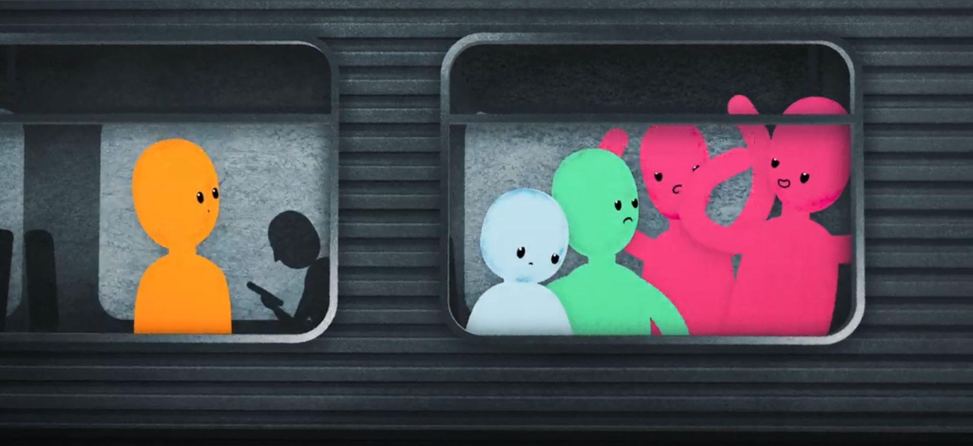 Illustration föreställande några färgglada figurer. En av dem ser på medan de andra tycks bråka. med varandra.