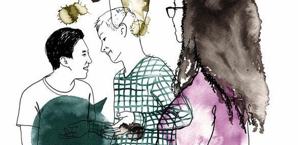 Illustration med två ungdomar som pratar och en kvinna bredvid